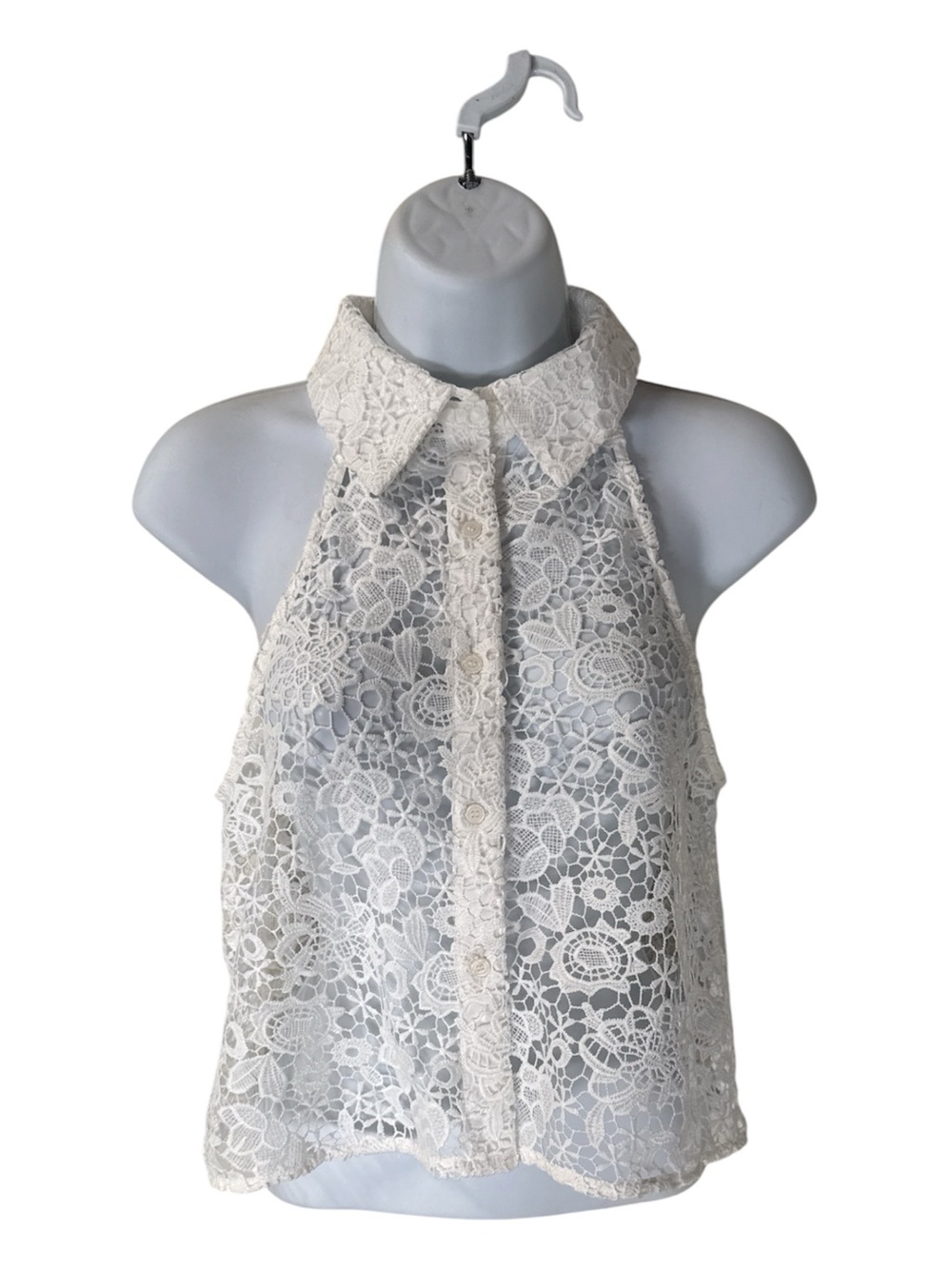 Zara White Lace Crochet Sheer Halter Sleeveless Collared Button Blouse SZ: Small
